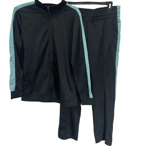BCG Track Suit Jacket Pants Full Zip Active Retro Y2K 90s Womens M L Black Teal